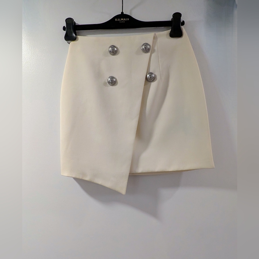 Balmain Cream Asymmetrical Skirt With Iconic Buttons